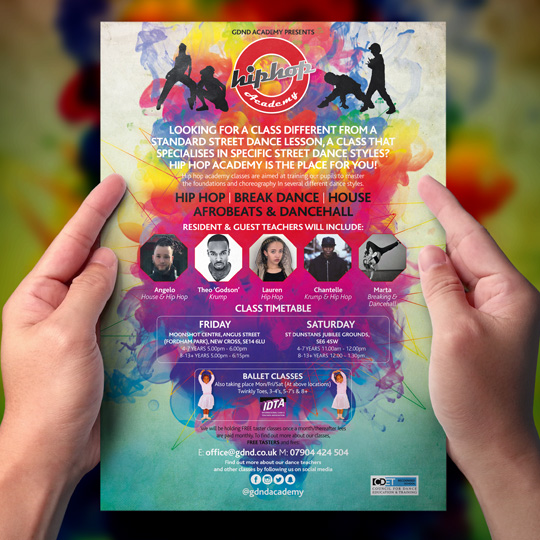 hip hop academy A4 leaflets and A6 flyers